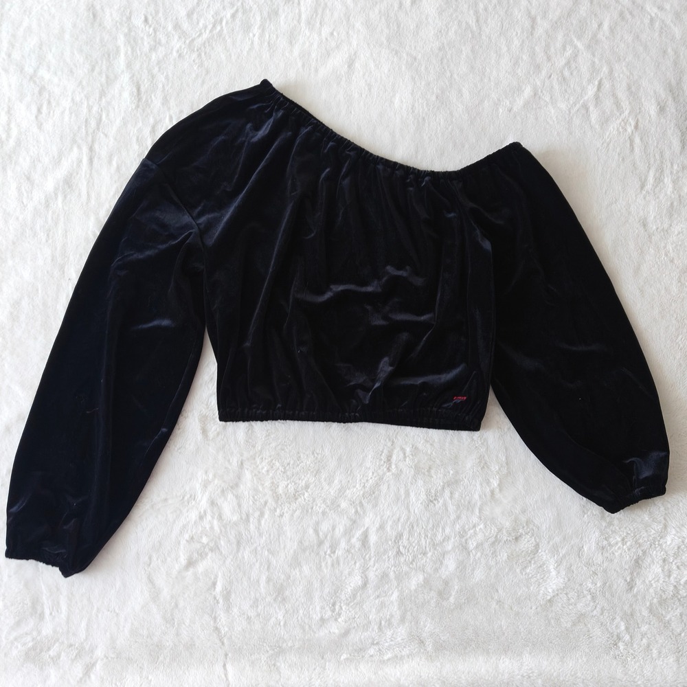 Anthropologie Philanthropy Top Off The Shoulder Medium Asymmetrical Black Velvet - Picture 3 of 6